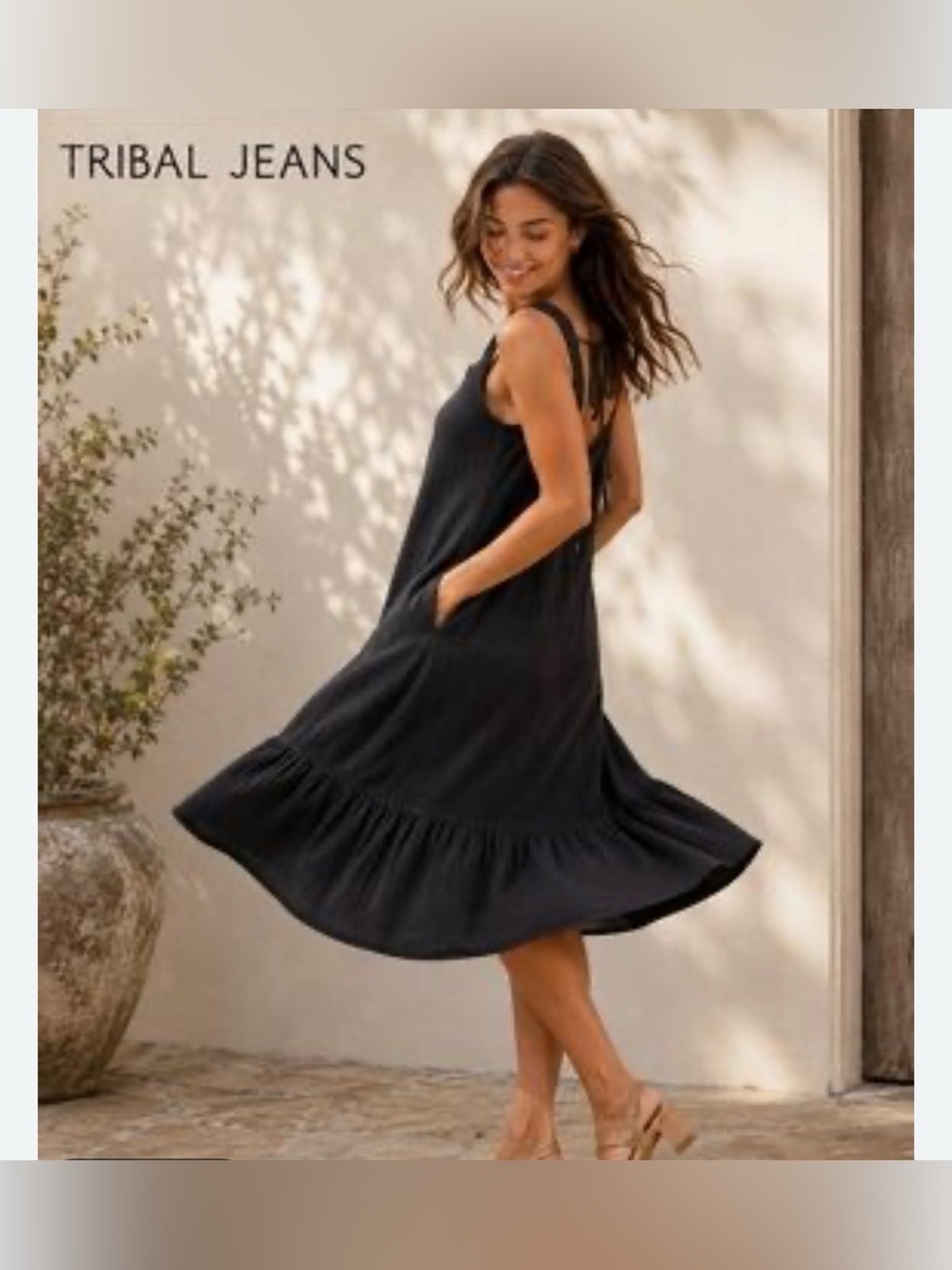 Tribal Jeans Sleeveless Ruffle Hem Black Dress with Pockets size Large